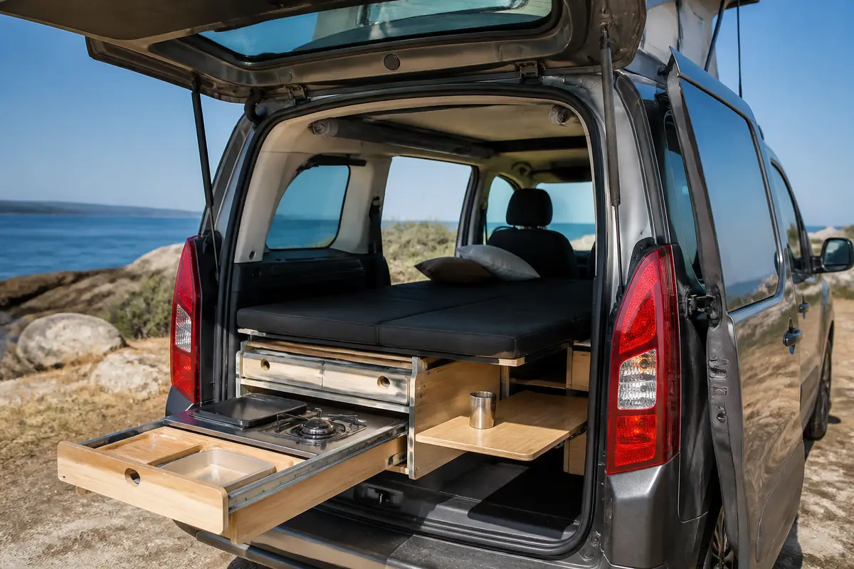 Coffre de berlingo aménagé avec lit pliant et cuisine au bord de mer