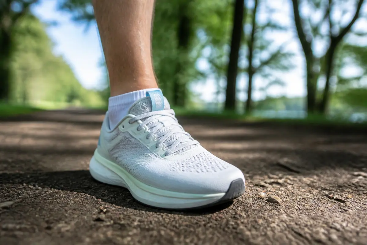Gros plan sur une chaussure de course blanche sur sentier boisé ensoleillé