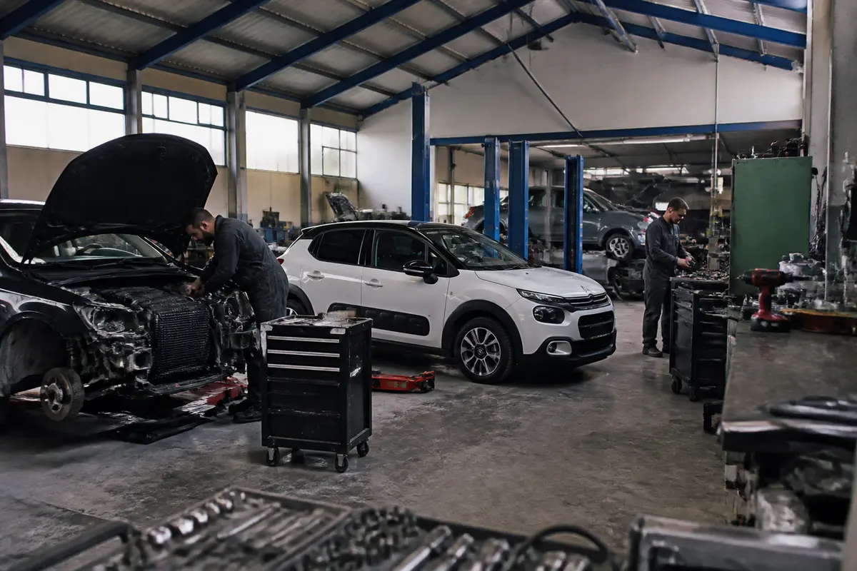 Atelier de réparation au garage Citroën Jacqueline Valognes avec deux mécaniciens au travail