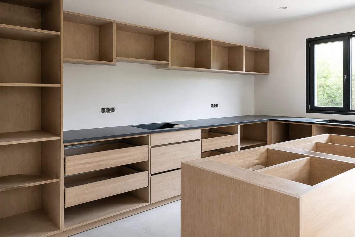 Cuisine moderne en bois claire de Leroy Merlin avec rangements et plan de travail sombre