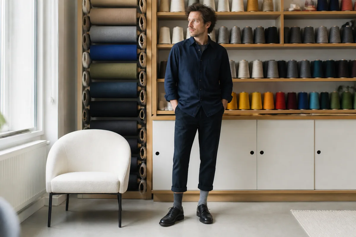 Homme portant des chaussettes dépareillées grises Made in France dans un atelier de fabrication textile