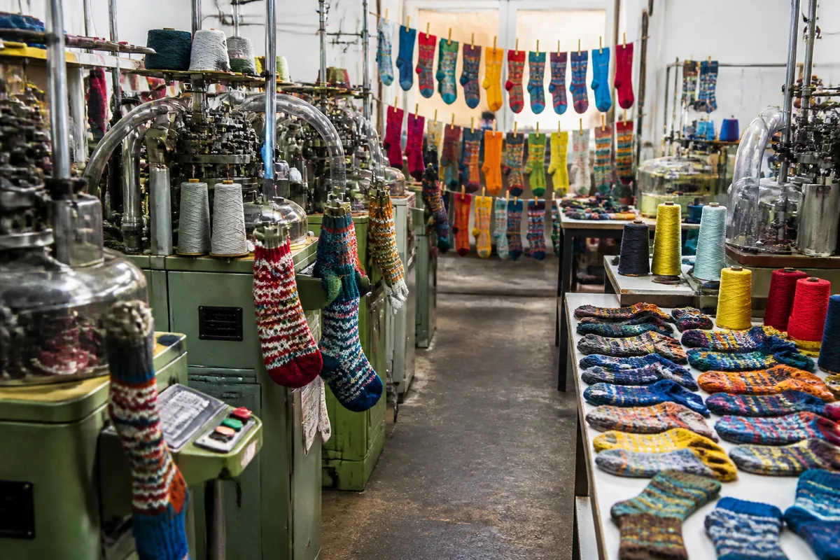 Atelier français de fabrication de chaussettes dépareillées avec motifs dessinés, machines à tricoter et fils colorés